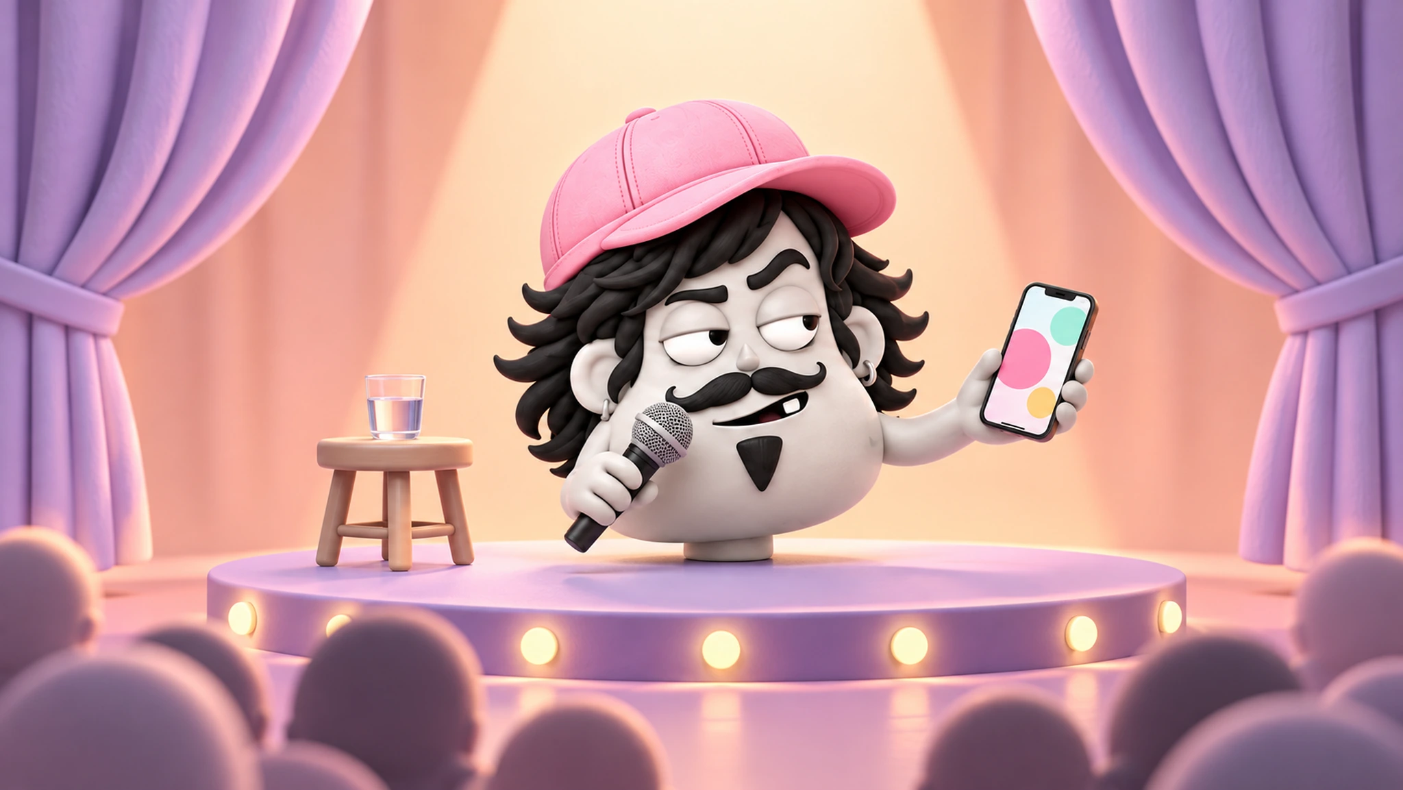שלוח על במה, עם מיקרופון ביד אחת וטלפון בשנייה.