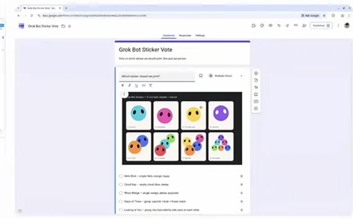 טופס הצבעה בגוגל: Grok Bot Sticker Vote