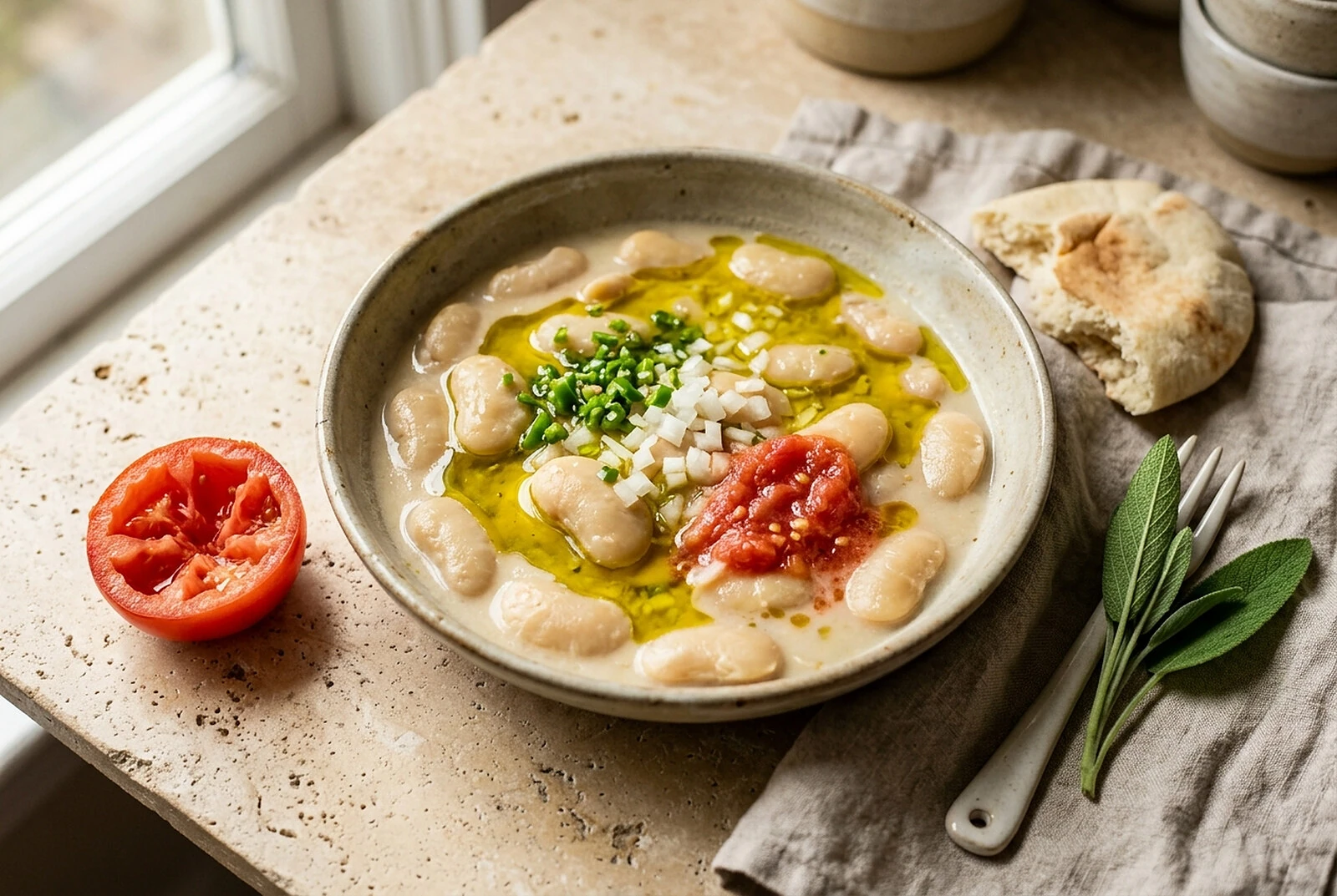 צלחת מסבחה לימה מוכנה להגשה, עם עגבנייה מגורדת ופלפל חריף